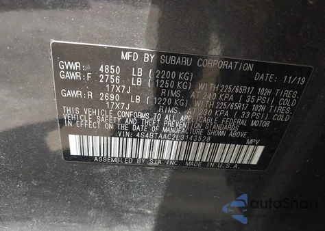 2020 Subaru Outback z USA, uszkodzony, nr VIN 4S4BTAAC2L3143528